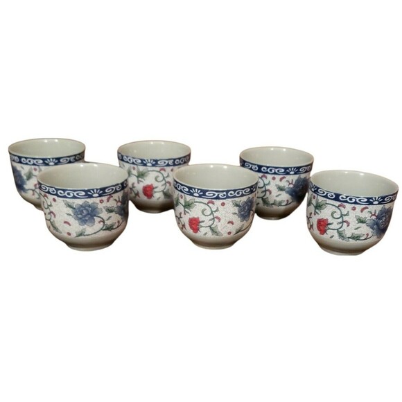 Set of 6 Sake Cups Rice Bowls Teacups Asian Japanese Sage Green Blue Floral - Picture 1 of 8